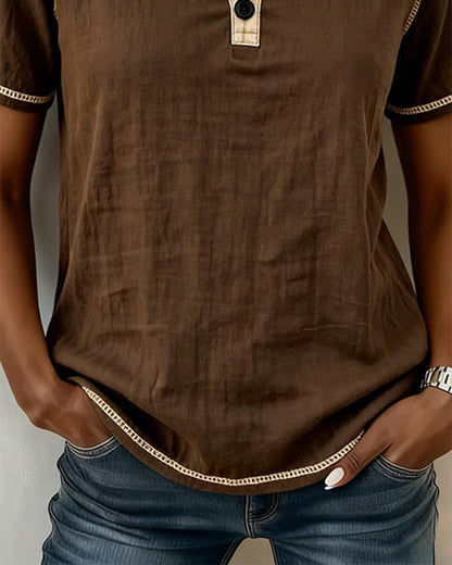 Bluse Farbblock Steppnaht Henley-Ausschnitt Kurzarm