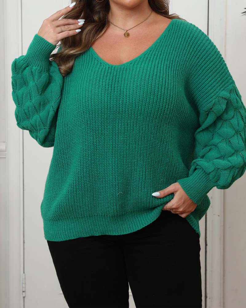 Pullover Puffärmel V-Ausschnitt Gestrickt