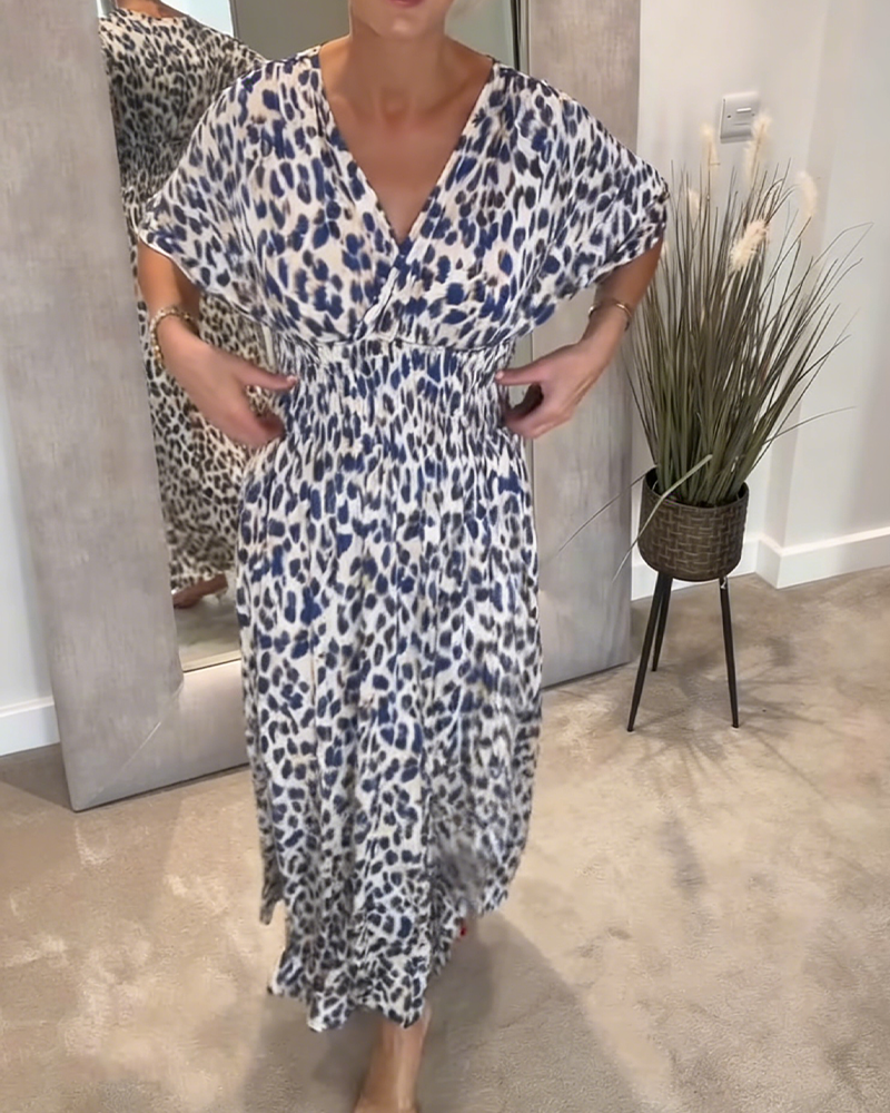 Kleid Schick V-Ausschnitt Tailliert Leopardenprint
