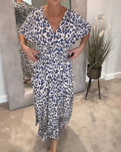 Kleid Schick V-Ausschnitt Tailliert Leopardenprint