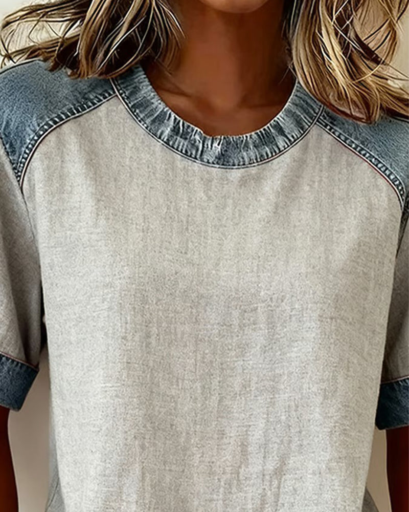 Top Denim Patchwork kurzärmlig
