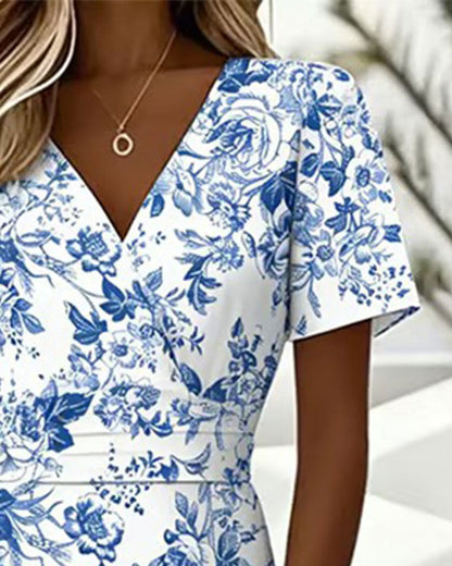 Kleid Blau-Weiß Porzellan-Druck V-Ausschnitt taillierend