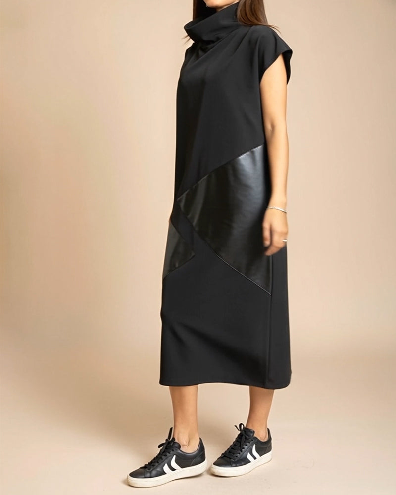 Kleid Hoher Kragen Pu Patchwork Kurzarm