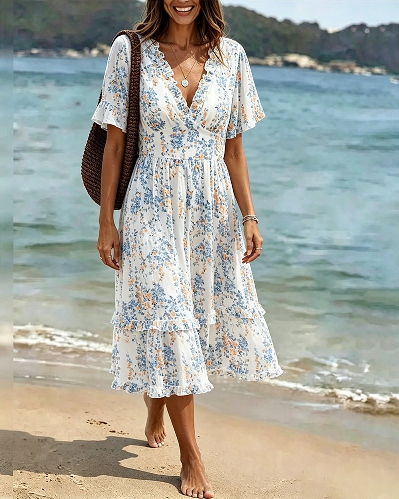 Kleid Blumen Rüsche V-Ausschnitt Patchwork
