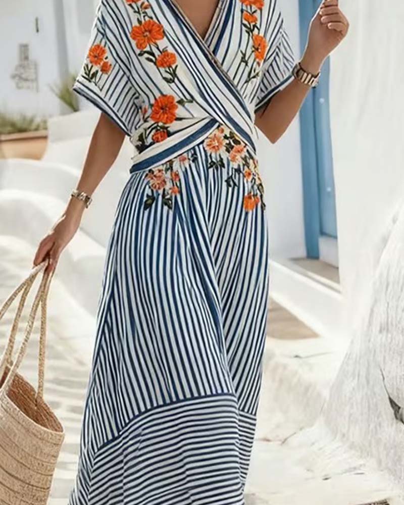 Kleid Gestreift V-Ausschnitt Wickel Maxi