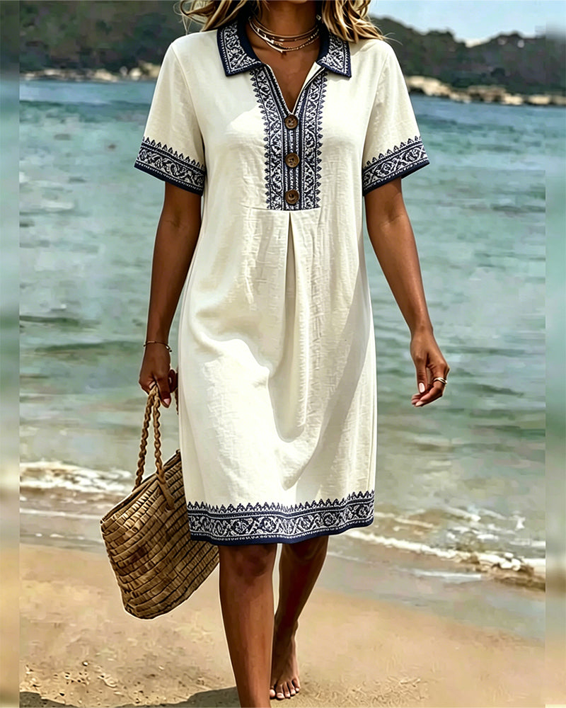 Kleid Ethno Revers Kurzarm Lässig