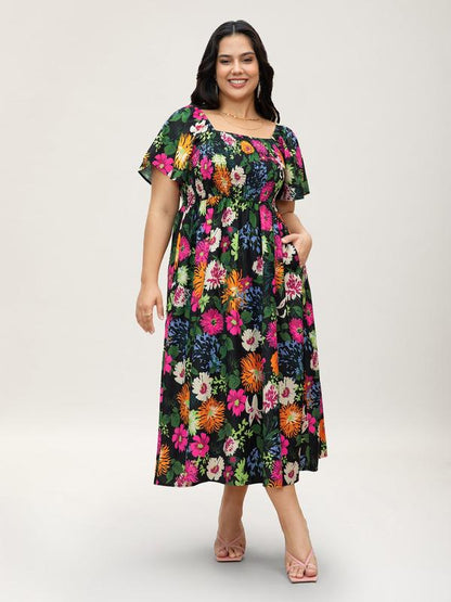 ⏰Sommer Heißer Verkauf 70% RABATT💃Geblümtes Smock-Kleid mit eckigem Ausschnitt und Taschen
