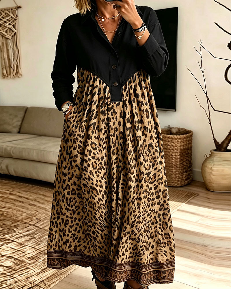 Kleid Hemdkragen Knopfleiste Leopardenmuster Tasche