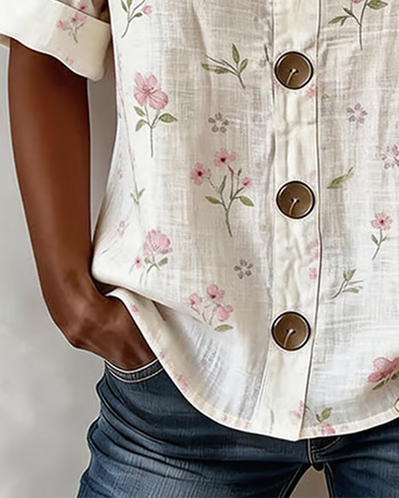 Bluse Kleiner Blumenprint Knopf Lässig