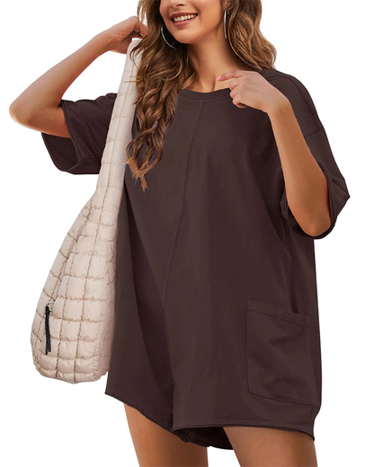 Jumpsuit Rundhalsausschnitt Mit Großer Tasche Shorts