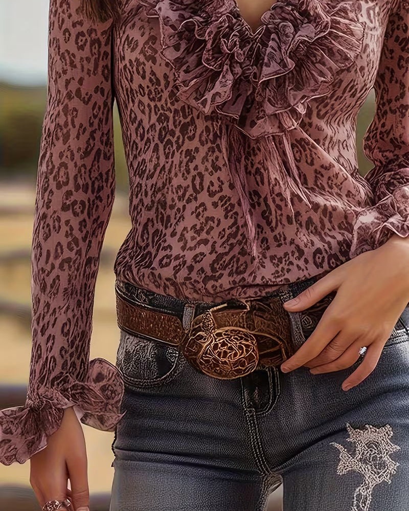 Bluse gerüscht V-Ausschnitt Leopardenprint