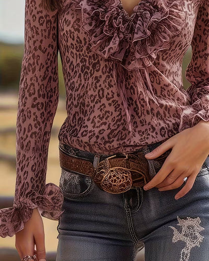Bluse gerüscht V-Ausschnitt Leopardenprint