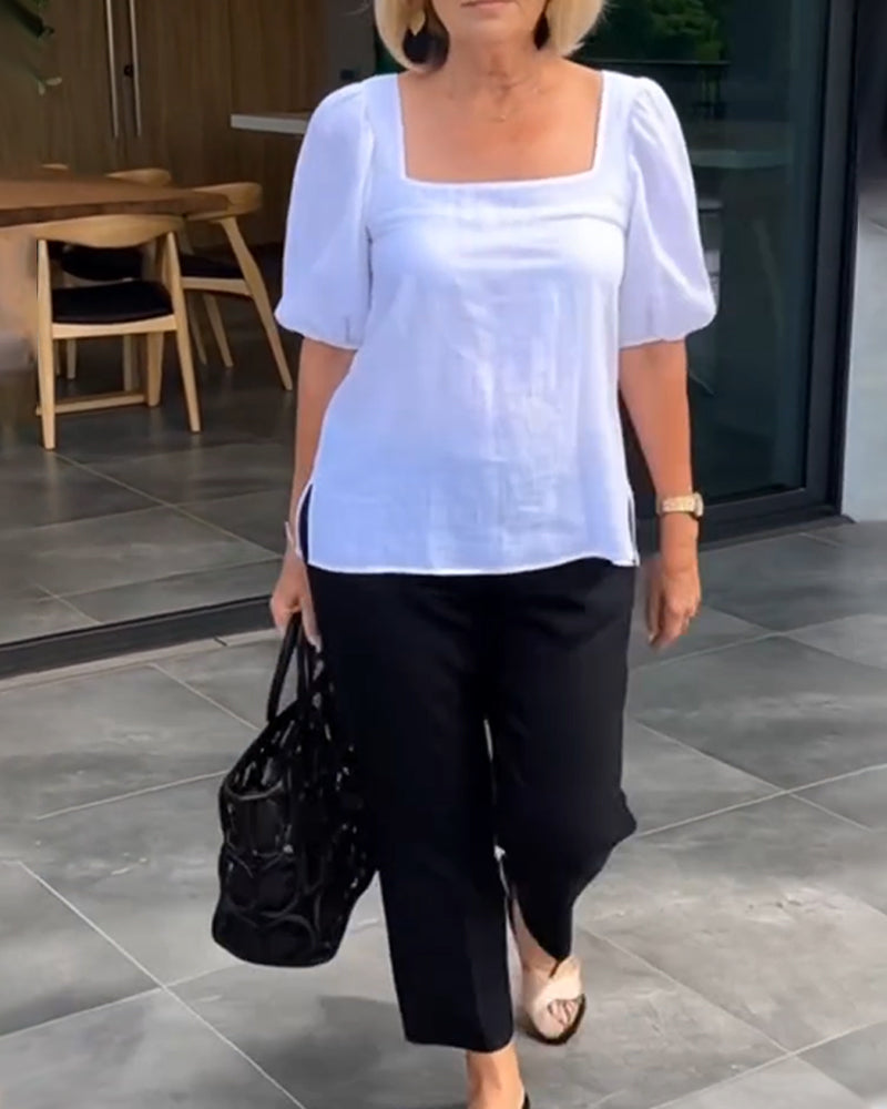 Bluse Rechteckiger Ausschnitt Casual Puffärmel