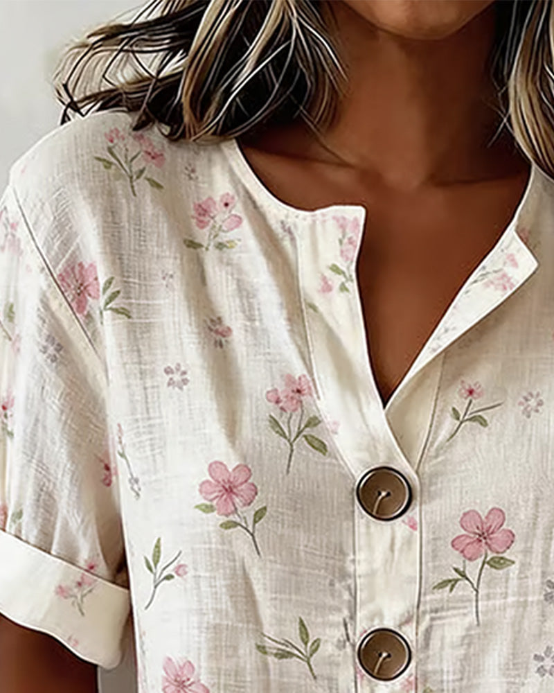 Bluse Kleiner Blumenprint Knopf Lässig