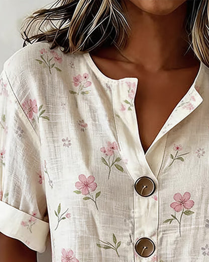 Bluse Kleiner Blumenprint Knopf Lässig