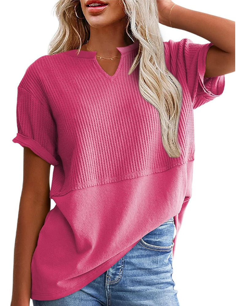 T-Shirt Tailliert Patchwork V-Ausschnitt Pullover