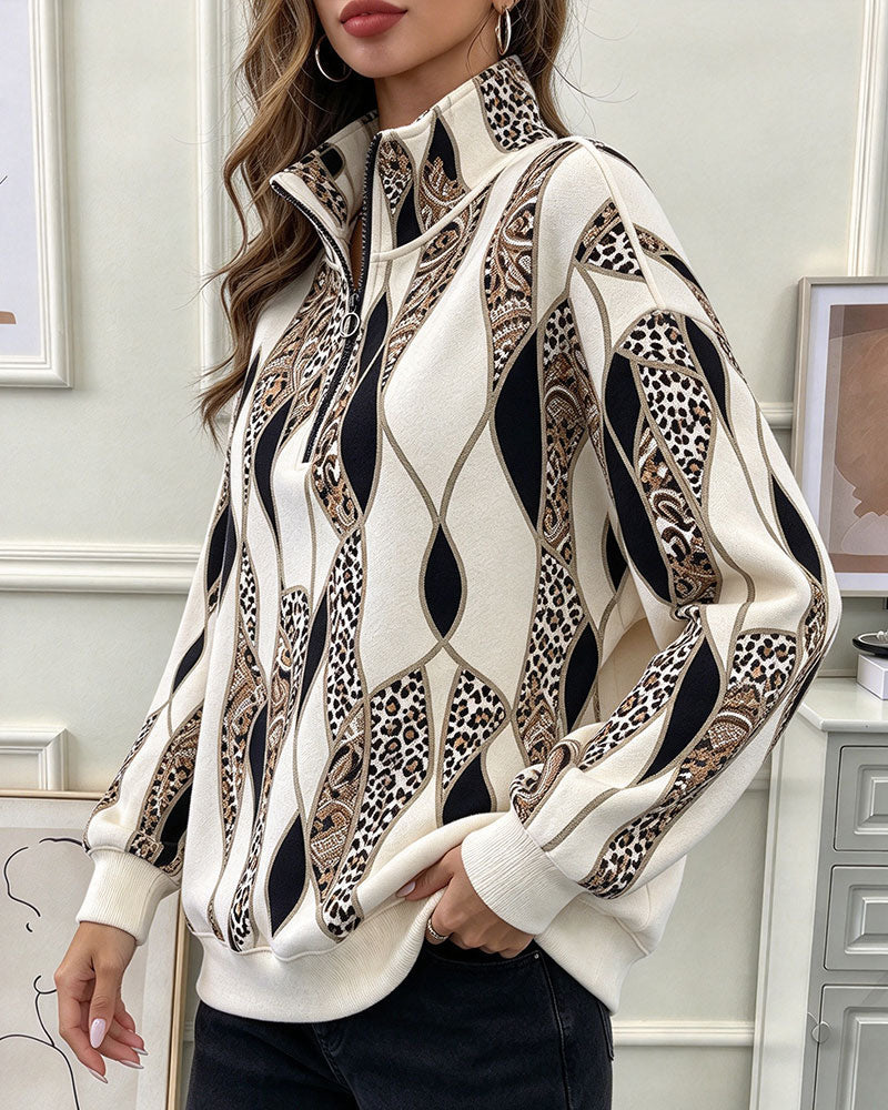 Sweatshirt Geometrisch Paisley Halber Reißverschluss Stehkragen