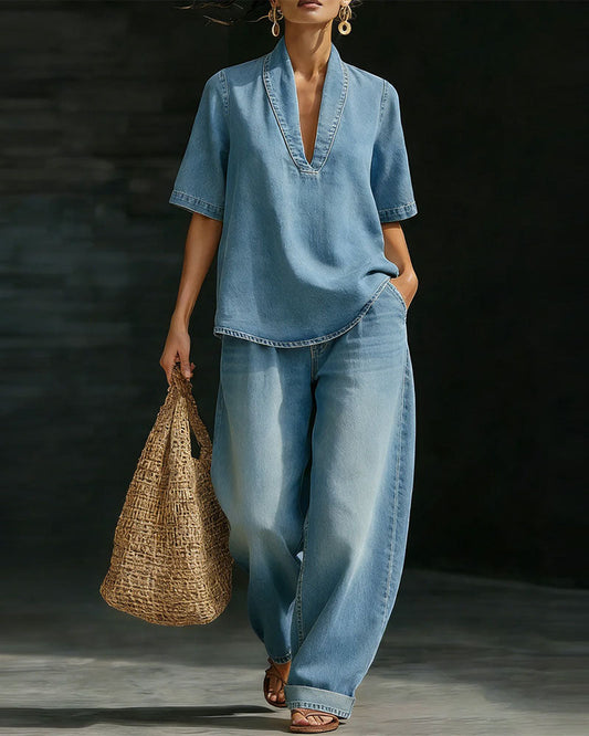 Set Gewaschen Denim V-Ausschnitt