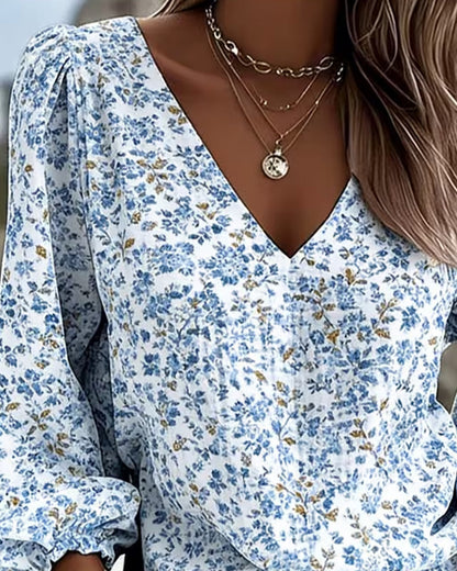 Blouse Puffärmel Blumig V-Ausschnitt