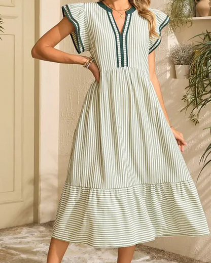 Kleid Gestreift Doppelte Rüsche Kurzarm