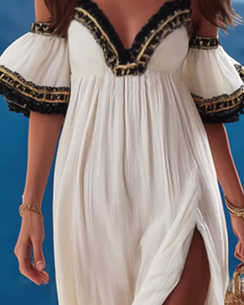 Kleid Stark verziert bestickt Off-Shoulder Schlitz Urlaub