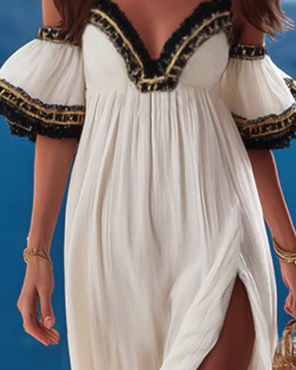 Kleid Stark verziert bestickt Off-Shoulder Schlitz Urlaub