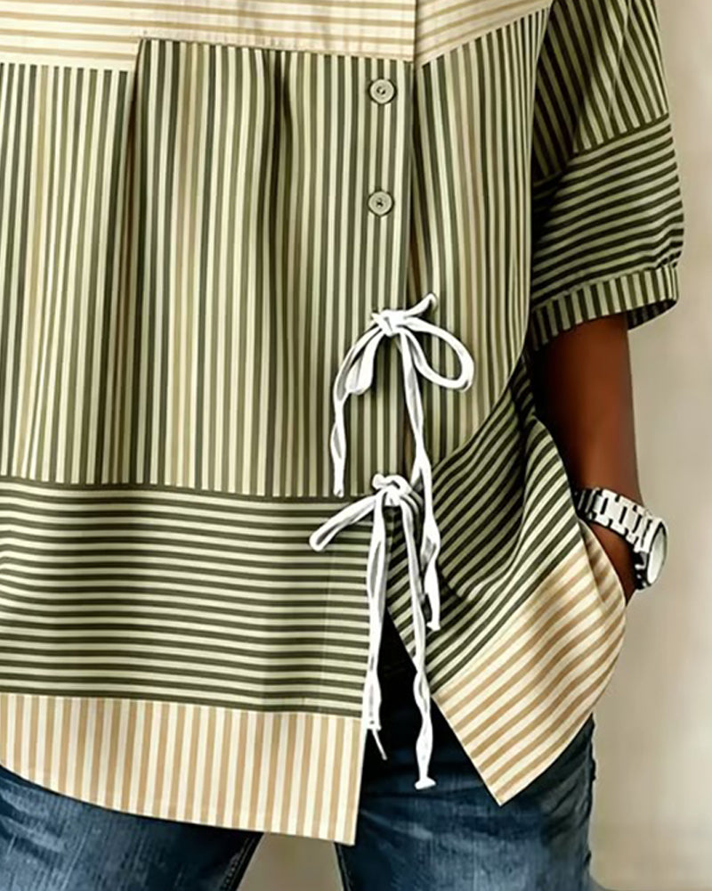 Bluse Farbblock Binden Knopf Streifen