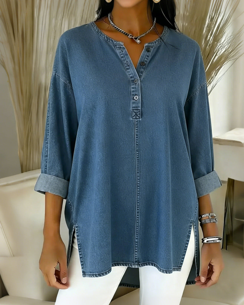 Top geknöpft V-Ausschnitt Denim