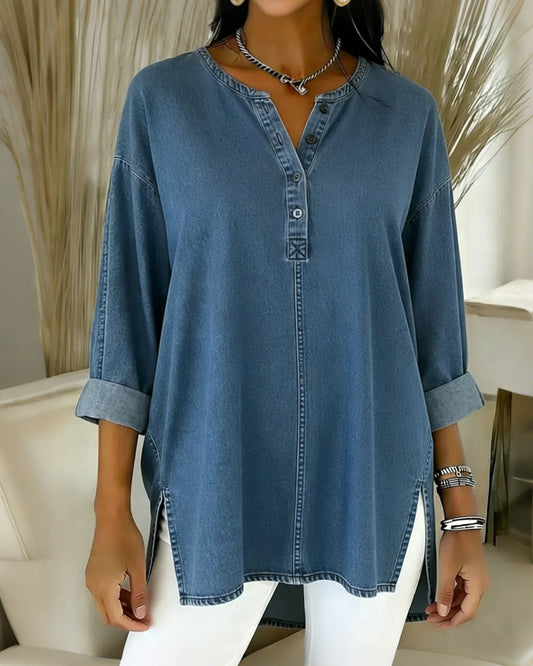 Top geknöpft V-Ausschnitt Denim