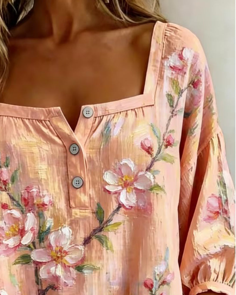 Bluse Blumenprint Quadratischer Ausschnitt