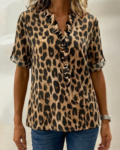 Bluse Klassisches Leopardenmuster Rüschen