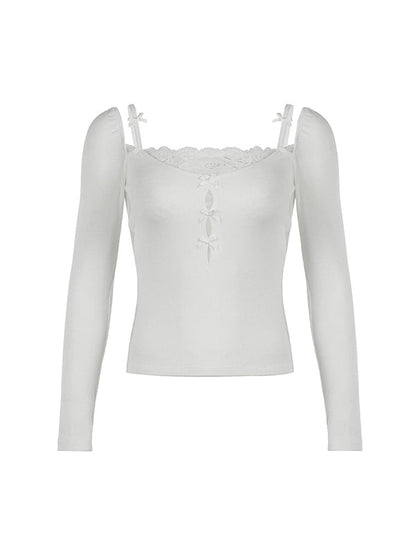 White Lace Stitching Bow Neck Long Sleeve Knit