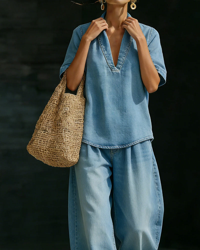 Set Gewaschen Denim V-Ausschnitt