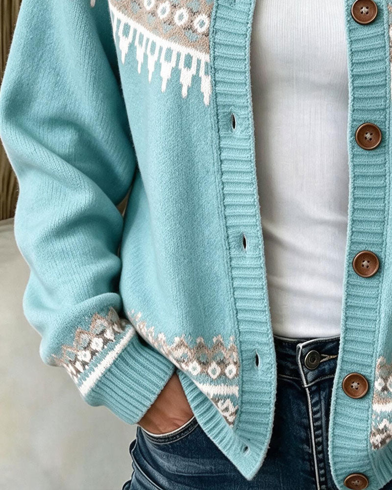 Bedruckte Strickjacke Mit Langen Ärmeln Und Knopfleiste
