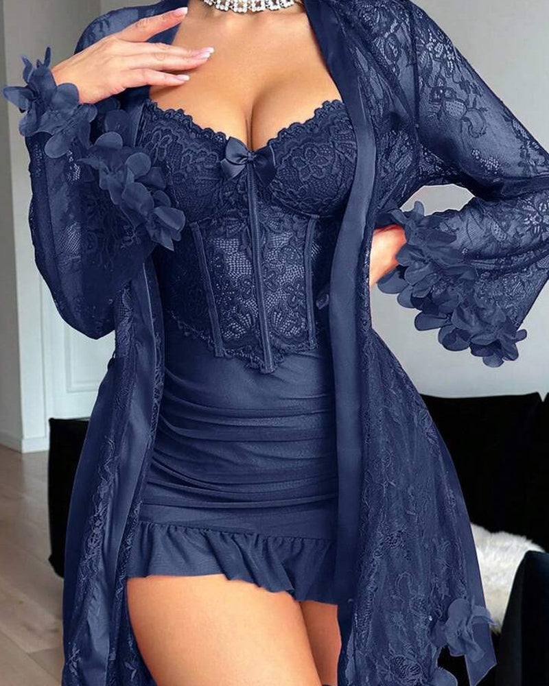 Kleid Spitze Cover-Up Spaghettiträger Spitzenbesatz Pyjama