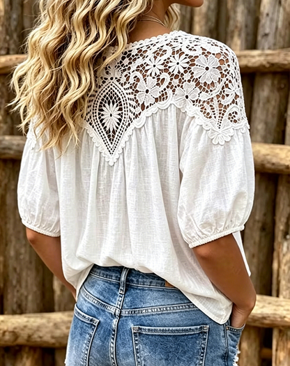 Bluse Puff Kurzarm Spitze Patchwork V-Ausschnitt
