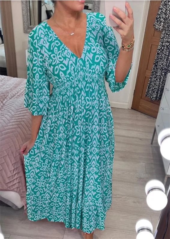 💃Heißer Ausverkauf 🔥 Kaufen Sie 2 versandkostenfrei💞Lässiges, bedrucktes langes Kleid mit V-Ausschnitt