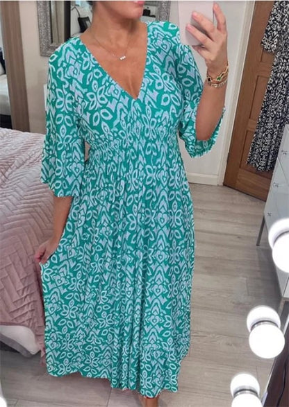 💃Heißer Ausverkauf 🔥 Kaufen Sie 2 versandkostenfrei💞Lässiges, bedrucktes langes Kleid mit V-Ausschnitt