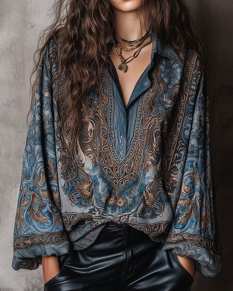 Bluse Retro Druck V-Ausschnitt Revers Raffiniert