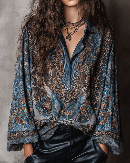 Bluse Retro Druck V-Ausschnitt Revers Raffiniert
