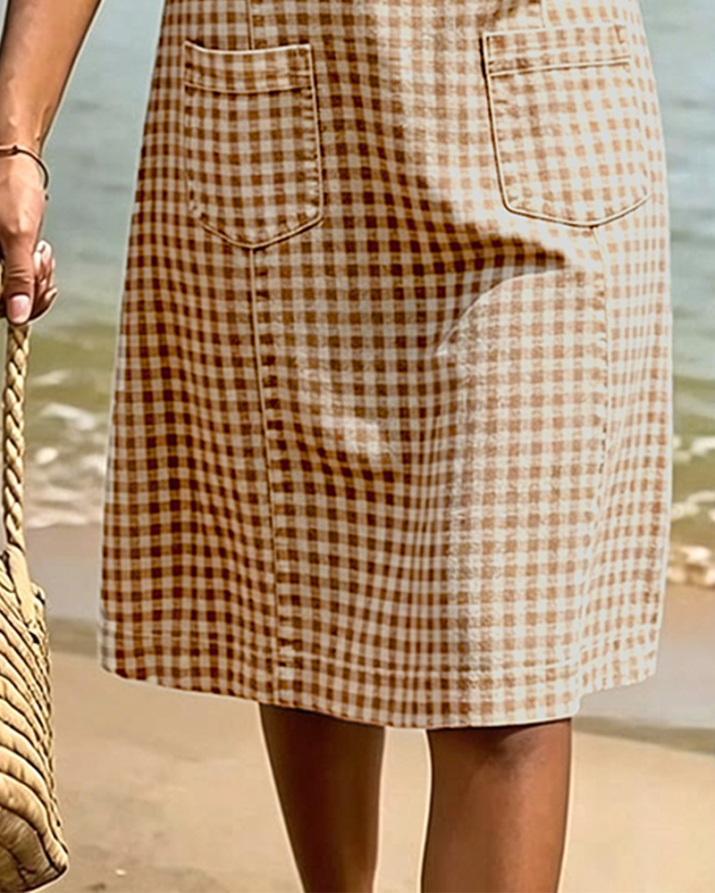 Kleid Kleiner V-Ausschnitt Kariert Gerade