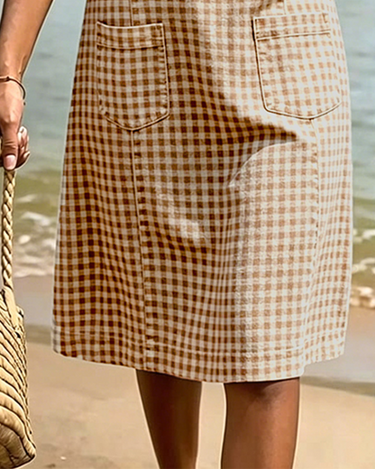 Kleid Kleiner V-Ausschnitt Kariert Gerade