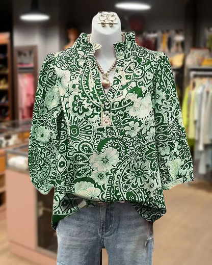 Bluse Paisley Blumenprint Mandarin-Kragen