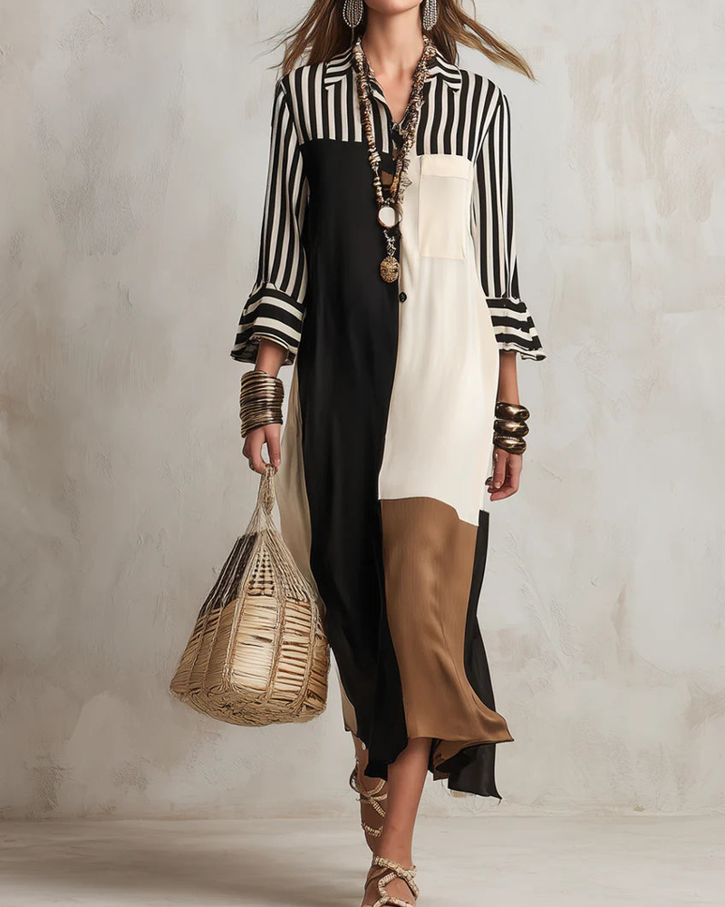 Kleid Colorblock Gestreift Kontrast Hemd