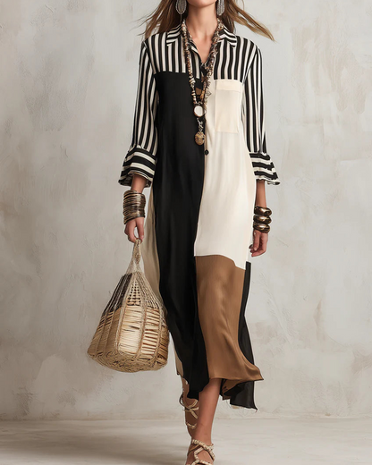 Kleid Colorblock Gestreift Kontrast Hemd