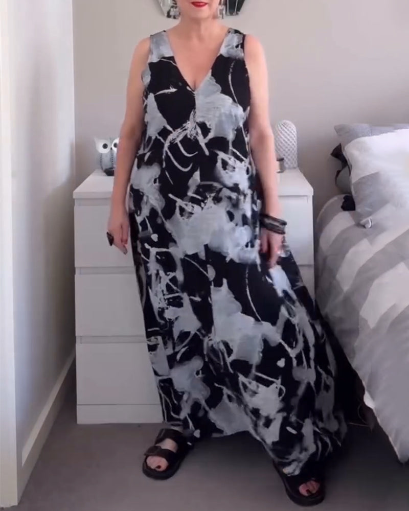 Kleid V-Ausschnitt Retro-Druck ärmellos