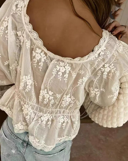 Bluse U-Ausschnitt Locker Bestickt Langarm