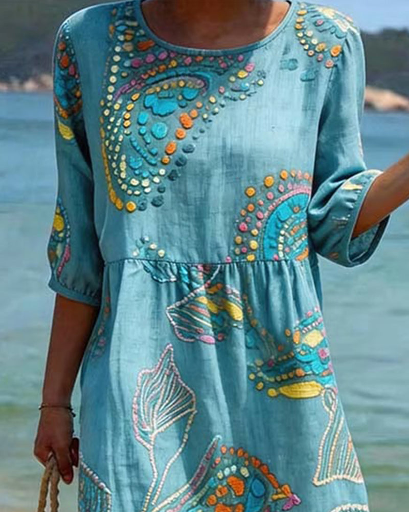 Kleid Print Rundhalsausschnitt Gerafft Lässig