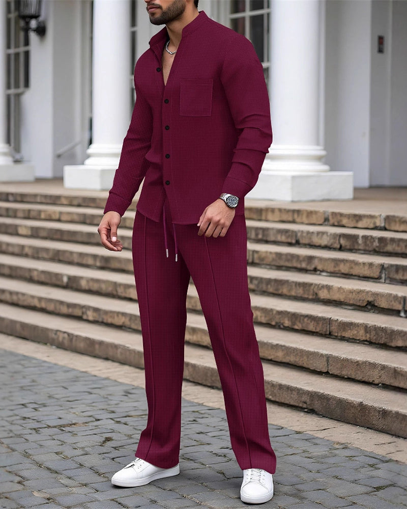 Herren Zweiteilig Lässig Waffelhemd Hose Set