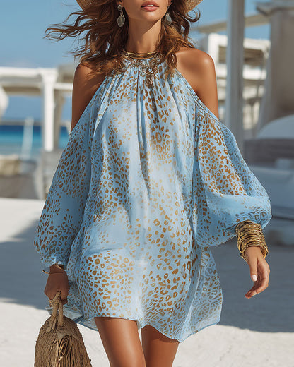 Kleid Leopardenmuster Halterneck Off-Shoulder Kurz